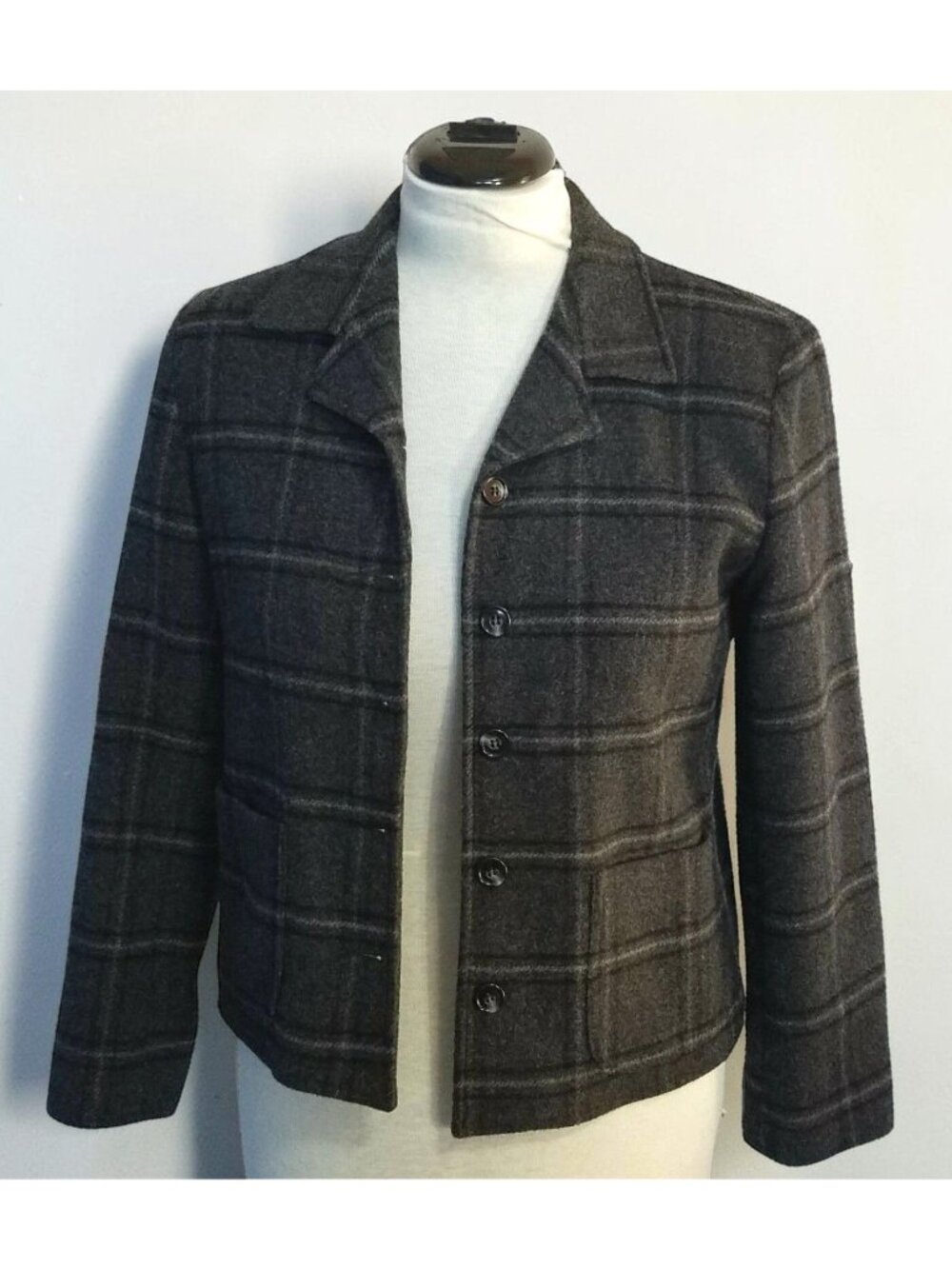 Harris Wallace Womens Wool Blend Blazer Jacket Size Small Gray Plaid Office
